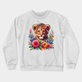 A baby lion decorated with beautiful colorful flowers. Crewneck Sweatshirt